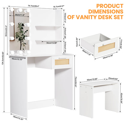 Vanity Desk Set Stool &amp; Dressing Table with LED Lighting Mirror Drawer and Wood Cosmetic Table Chest of Drawers White Color