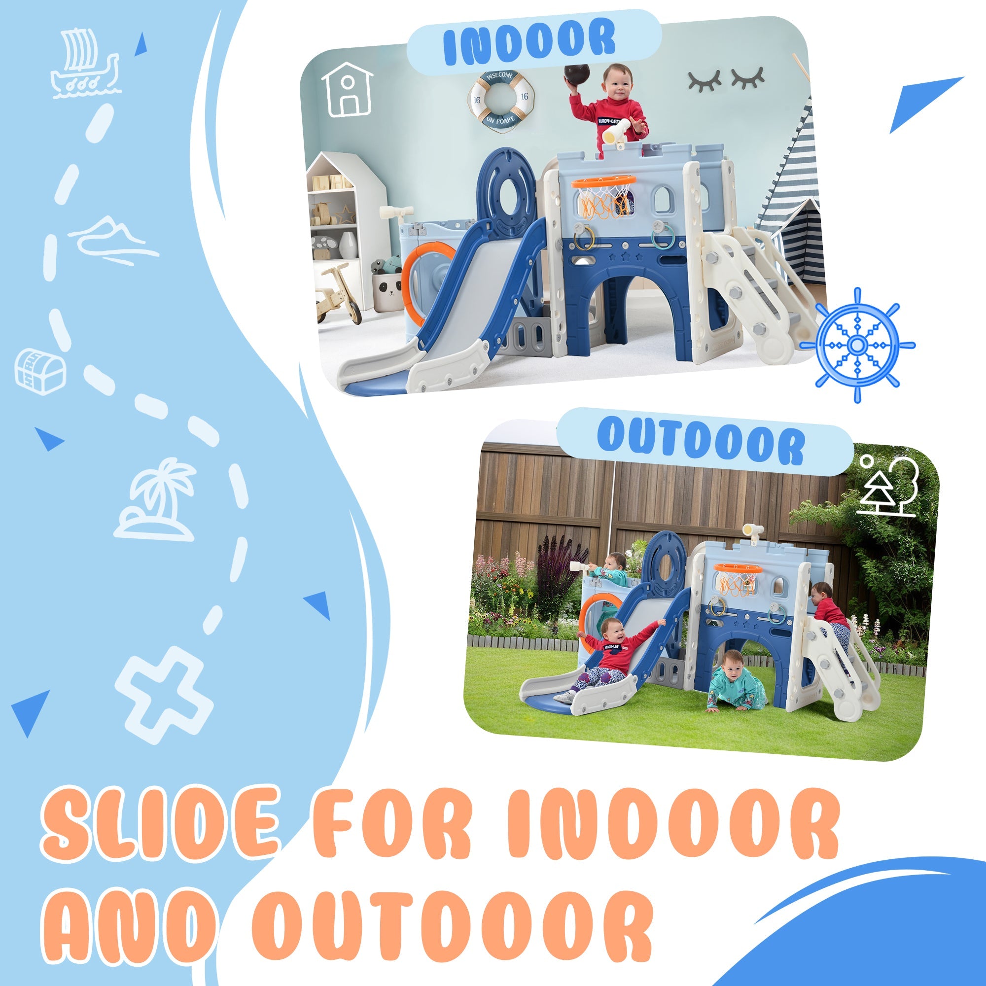 10-1 Toddler Slide Set,Kids Slide for Toddlers Ages 1+, Basketball Hoop Pirate Ship Themed Slide with Ship Head Indoor&amp; Outdoor