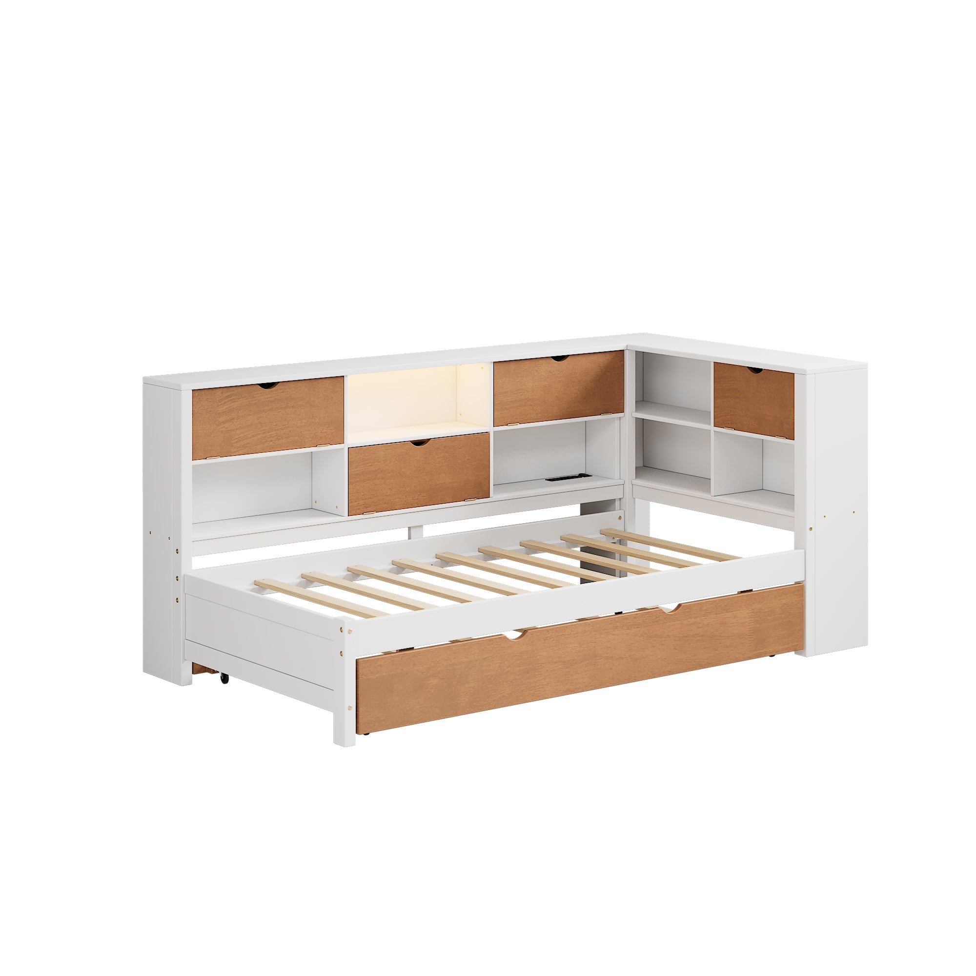 L-shaped bed frame with luggage and bookshelf, corner bed wooden captain&