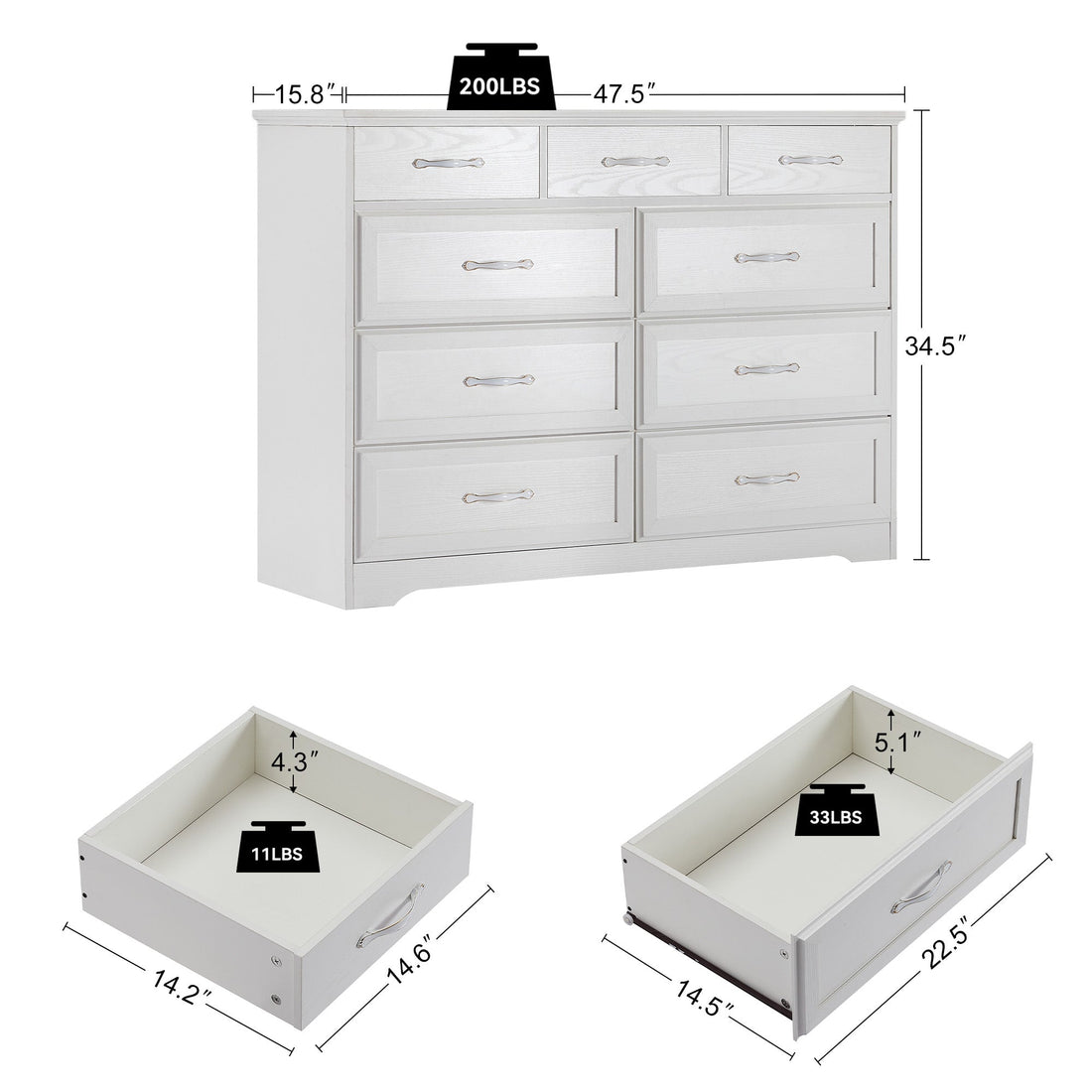 Bedroom dresser 9 drawer long dresser with antique handles wood chest of drawers for kids room 47.56&