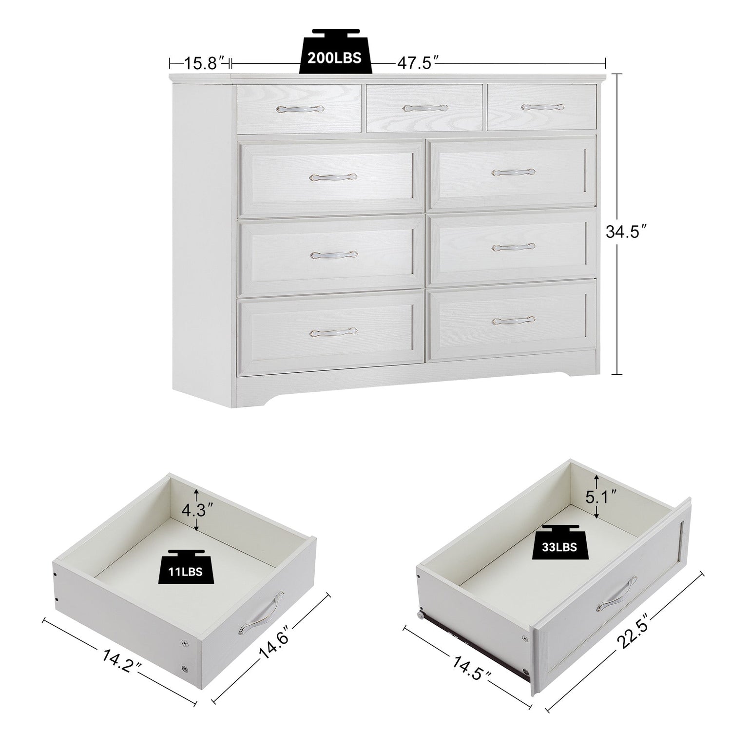 Bedroom dresser 9 drawer long dresser with antique handles wood chest of drawers for kids room 47.56&