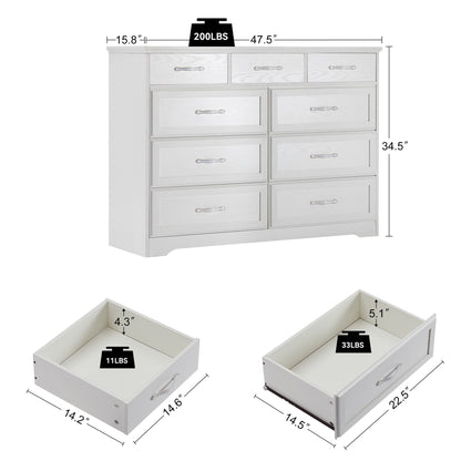 Bedroom dresser 9 drawer long dresser with antique handles wood chest of drawers for kids room 47.56&