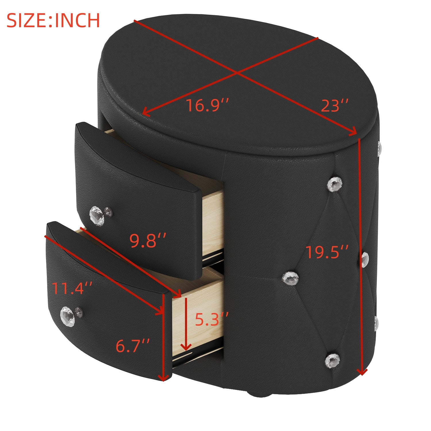 Elegant PU Nightstand with 2 Drawers and Crystal Handle,Fully Assembled Except Legs&amp;Handles,Storage Bedside Table - Black