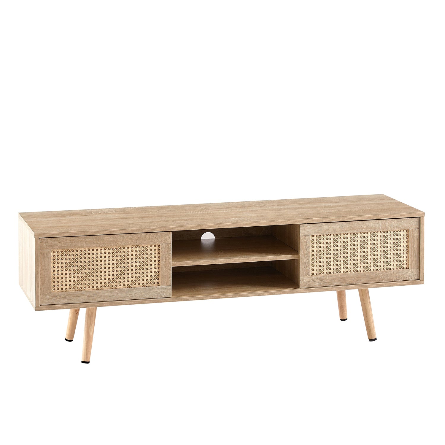 55.12" Rattan TV cabinet double sliding doors for storage adjustable shelf solid wood legs TV console for living room natural
