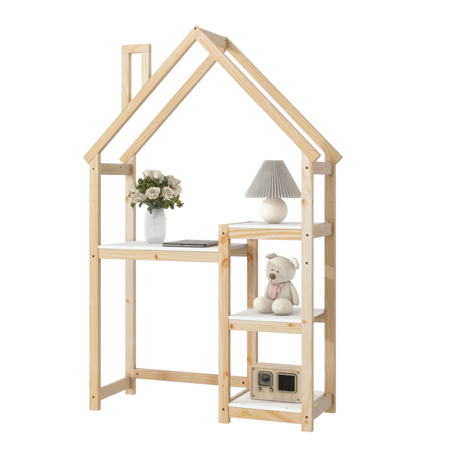 House-shaped Wooden writing Desk Kids study Table Bookshelf &amp; Toy Storage Natural