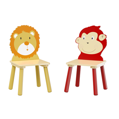 Kids Table and 2 Chairs Set 3 Pieces Toddler Table and Chair Set Wooden Activity Play Table Set (Lion&amp;Monkey)