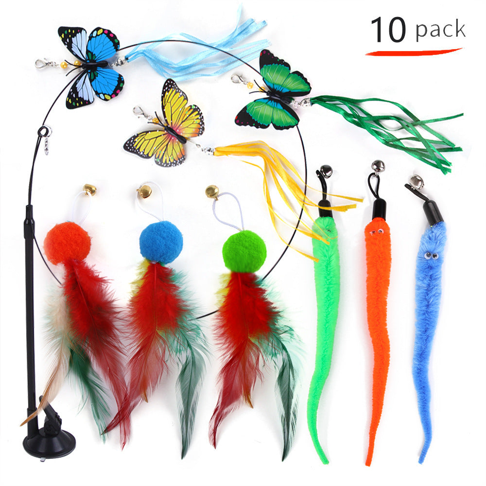 Suction cup cat toy stick that can be attached and held with steel wire multi head interchangeable cat toy and pet supplies