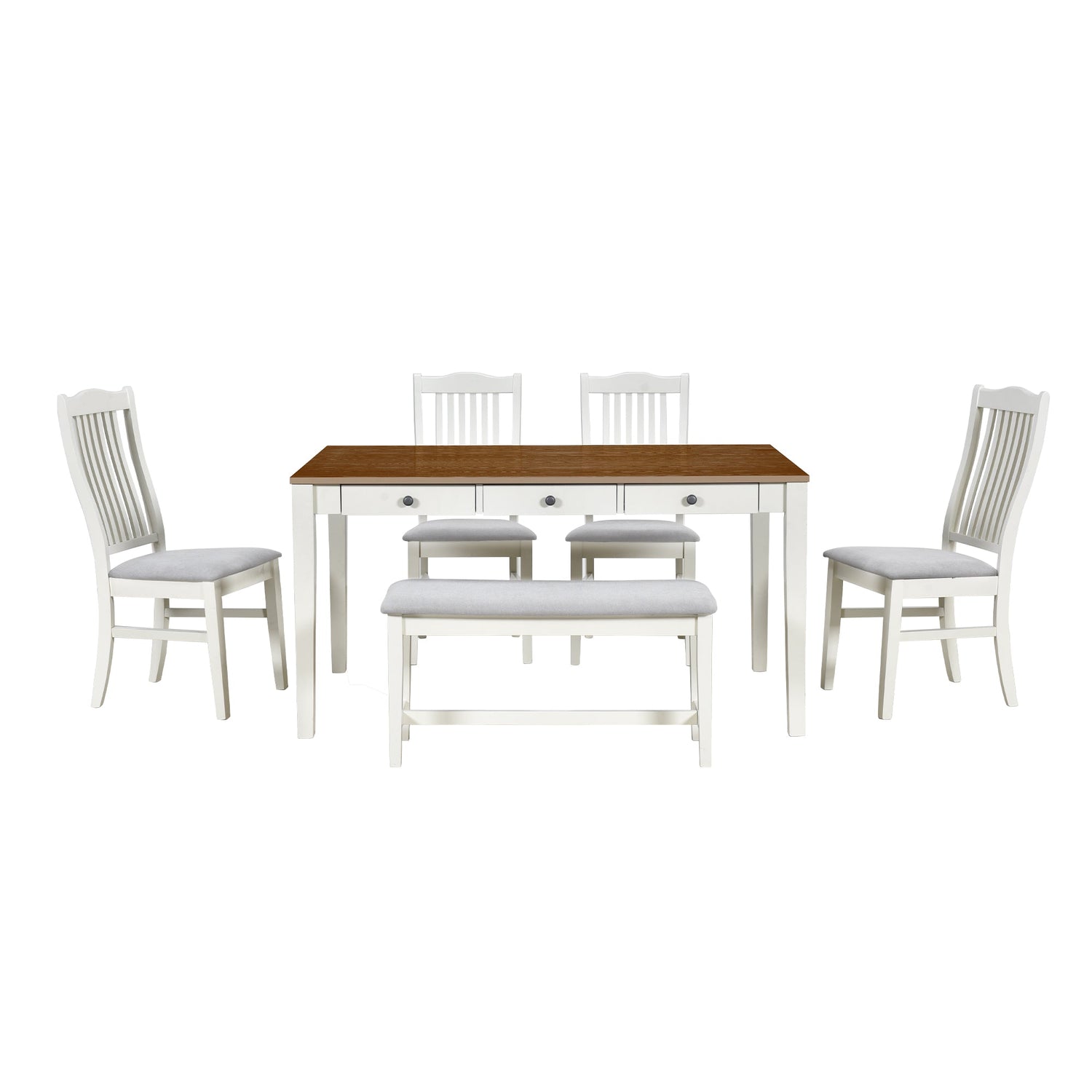 TOPMAX Mid-Century 6-Piece Wood Dining Table Set, Kitchen Table Set with Drawer  Upholstered Chairs and Bench  Butter Milk