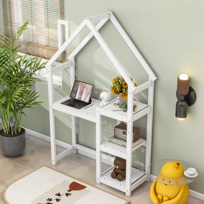 House-shaped Wooden writing Desk,Kids study Table,Bookshelf &amp; Toy Storage,White