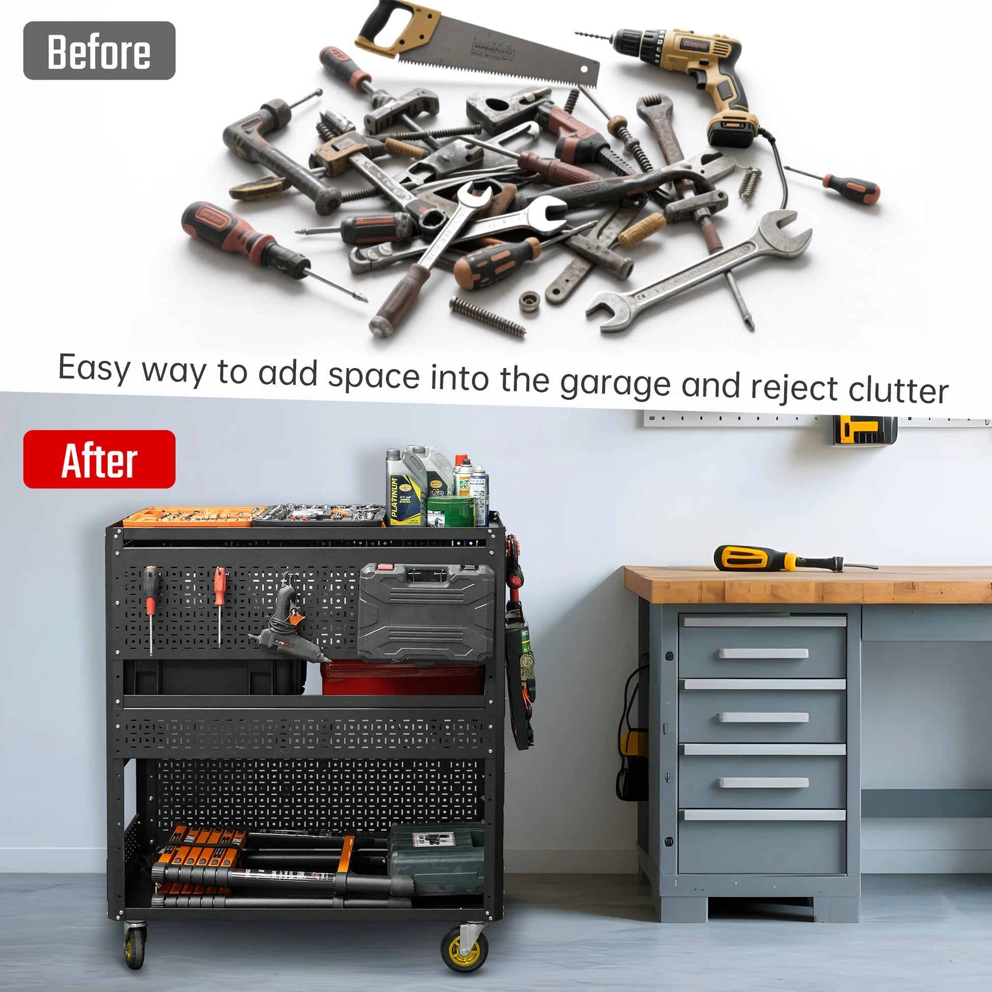 3-Tier Adjustable Rolling Tool Cart | Garage &amp; Workshop Organizer w/ Steel Pegboard