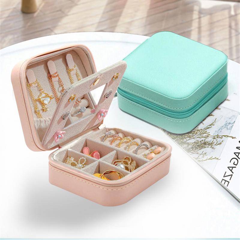 Portable Leather Jewelry Box Candy Color Travel Storage Upgrade With Mirror Earrings Rings Display Organizer Mother&