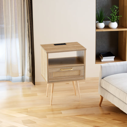 15.75" Rattan End table with Power Outlet &amp; USB Ports  Modern nightstand with drawer and solid wood legs