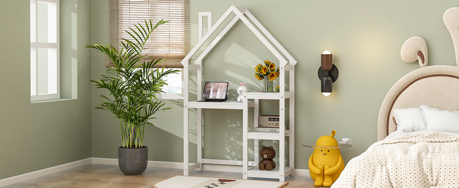 House-shaped Wooden writing Desk,Kids study Table,Bookshelf &amp; Toy Storage,White