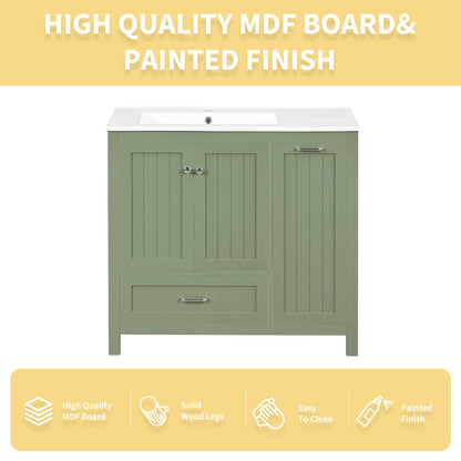 36 inch bathroom vanity with sink, one double door cabinet one large drawer and one flip drawer solid wood and MDF board, green