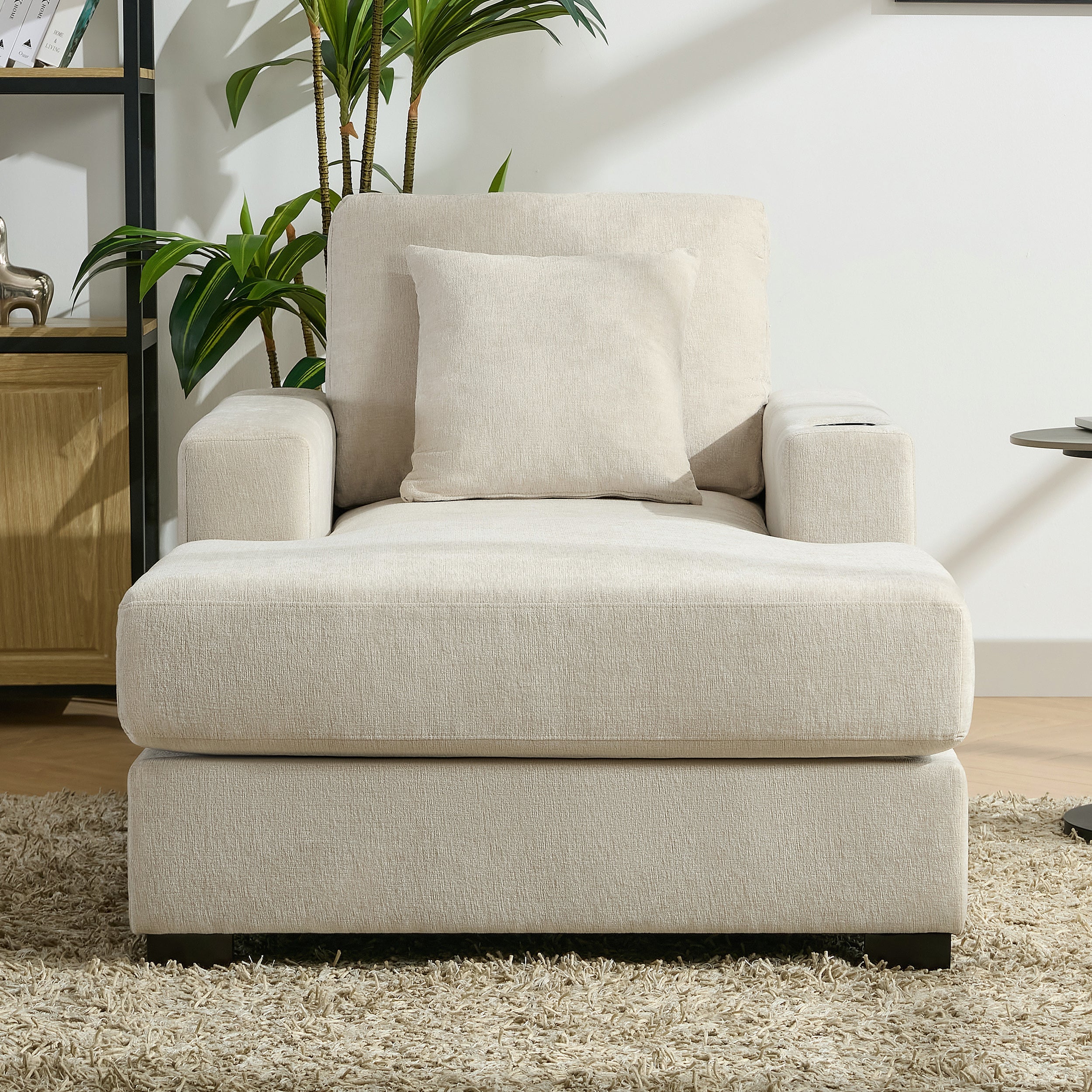 39.7" Oversized Chaise Lounger Modern Style Sofa Couch ,with Pillows, Charge Station &amp; Cup Holders, Chenille Fabric, Cream