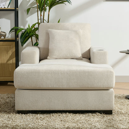 39.7" Oversized Chaise Lounger Modern Style Sofa Couch ,with Pillows, Charge Station &amp; Cup Holders, Chenille Fabric, Cream