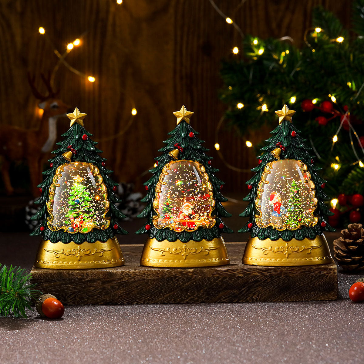Christmas gifts, painted Christmas trees, glowing candles, oil lamps, children&