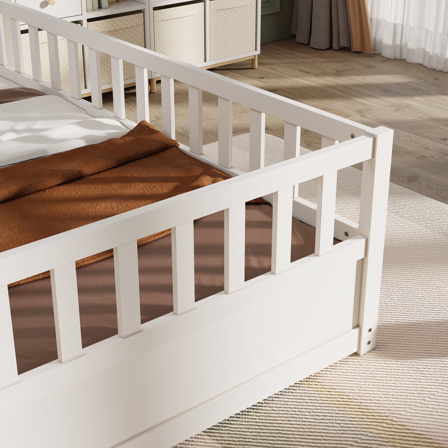 Double bed floor standing bed with ultra-high safety barrier, children&