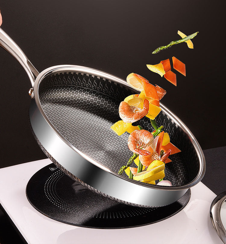 304 stainless steel honeycomb frying pan, non stick, household flat bottomed pan for frying steak, pancakes, and fried eggs, pan