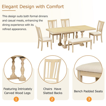 Traditional 6-Piece 78inch Trestle Extendable Dining Table Set with One 18inch Removable Leaf Padded Dining Chairs Bench,Natural