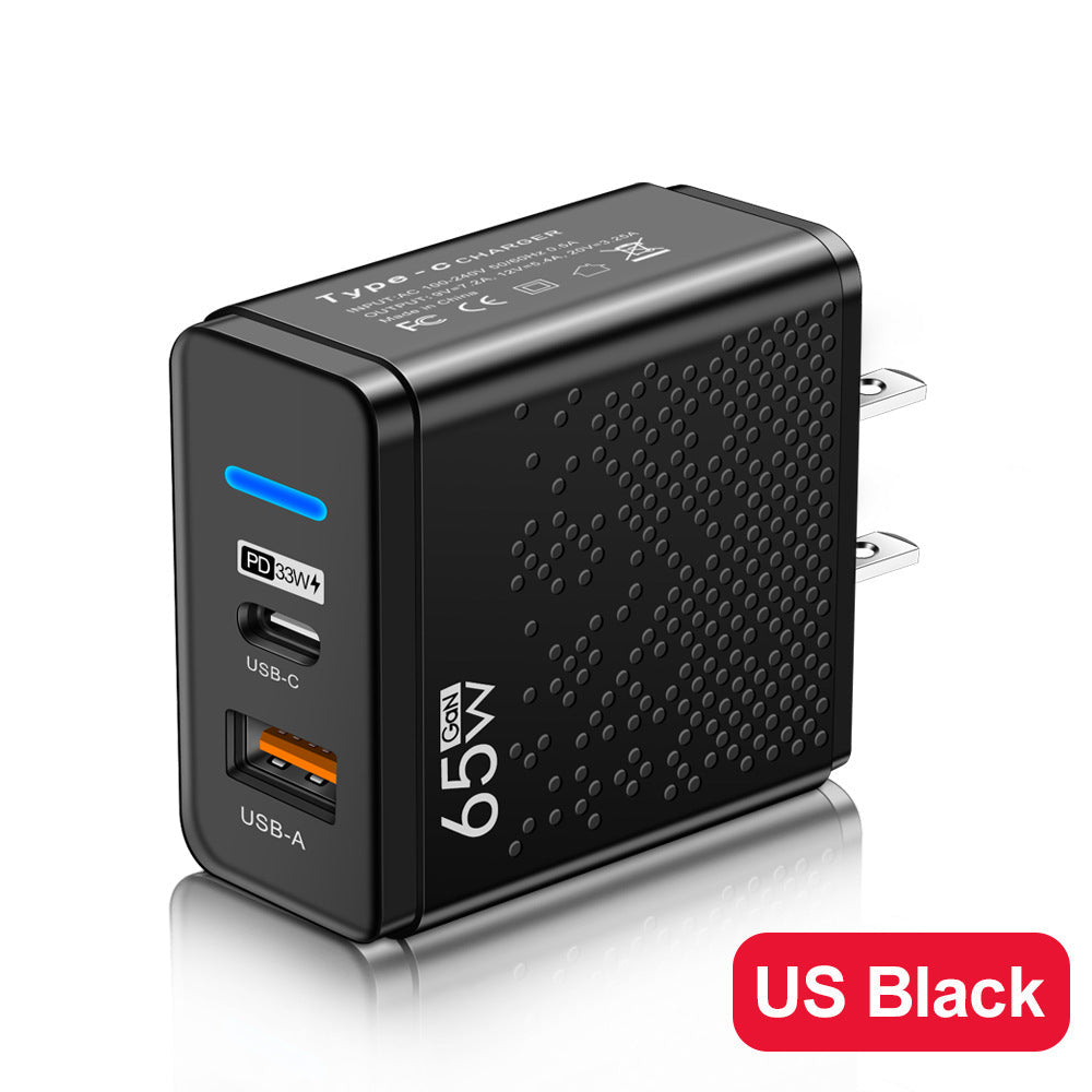 Blue LED USB+PD Type-C mobile phone charger with multiple ports, American, European, and British travel charging head