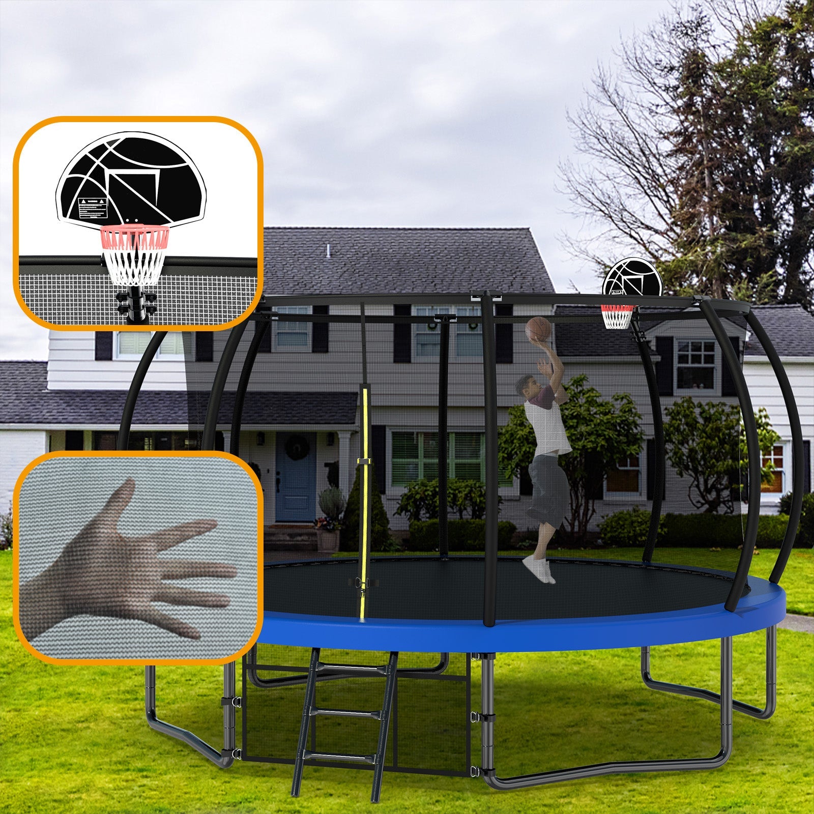 12FT Recreational Kids Trampoline with Safety Enclosure Net &amp; Ladder, Outdoor Recreational Trampolines