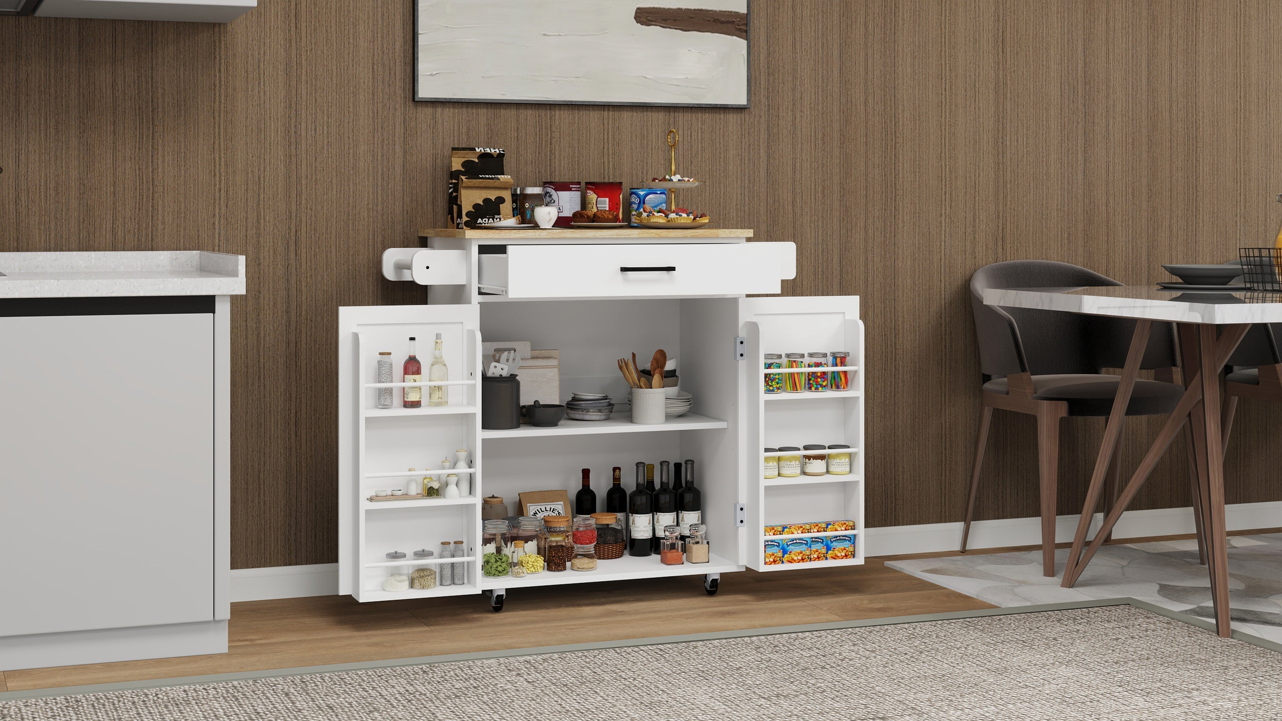 Kitchen island rolling trolley cart with 1 drawer &amp; 2 doors with storage racks &amp; Adjustable Shelves &amp; towel rack