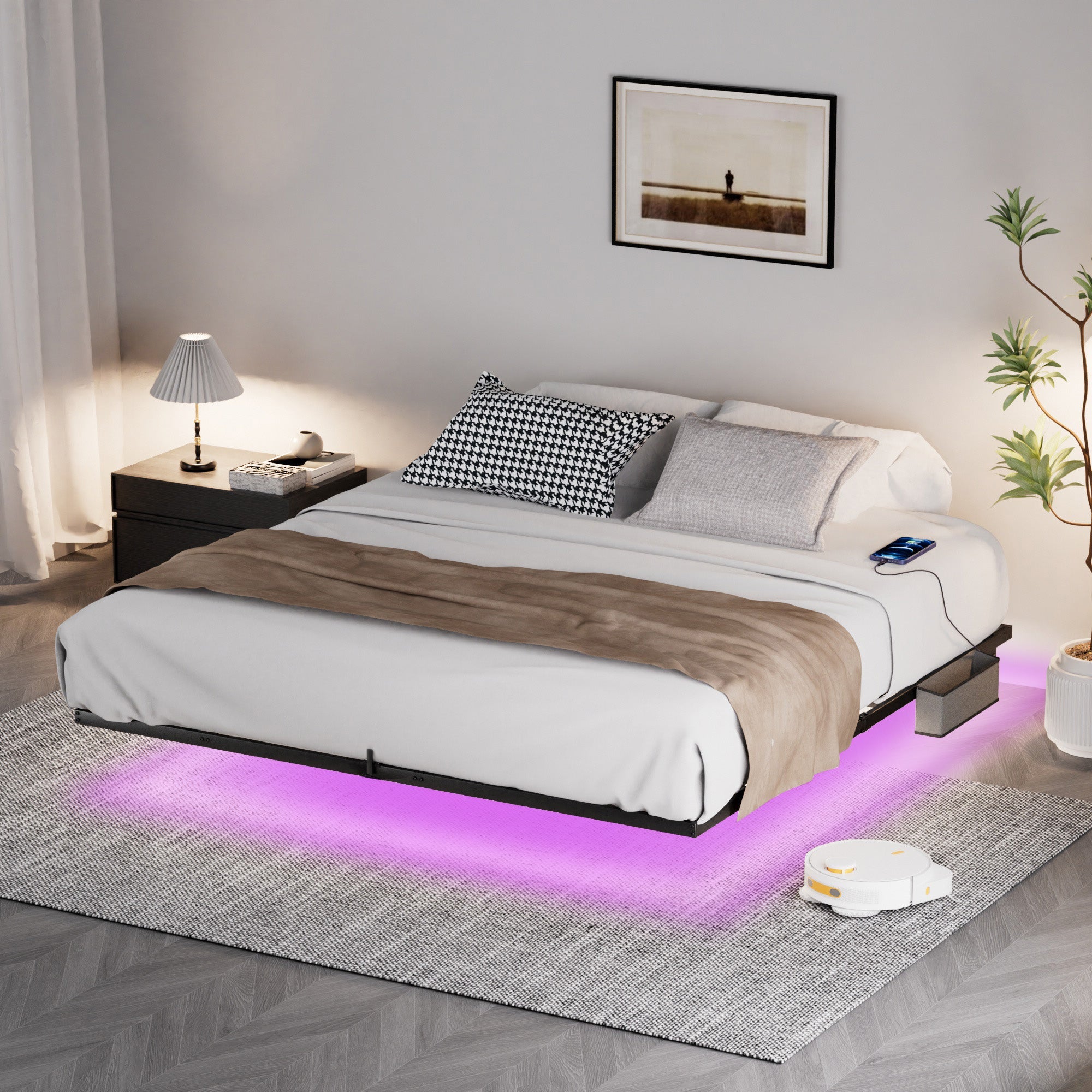 Floating Bed Frame King Size with LED Lights ＆ charging station, Metal Platform Queen Bed, 79.9&