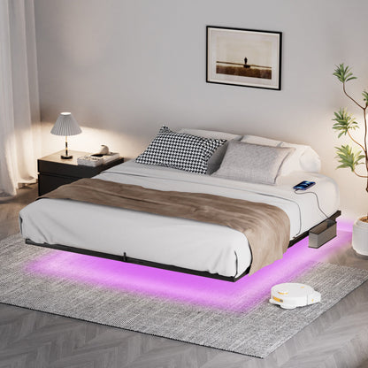 Floating Bed Frame King Size with LED Lights ＆ charging station, Metal Platform Queen Bed, 79.9&