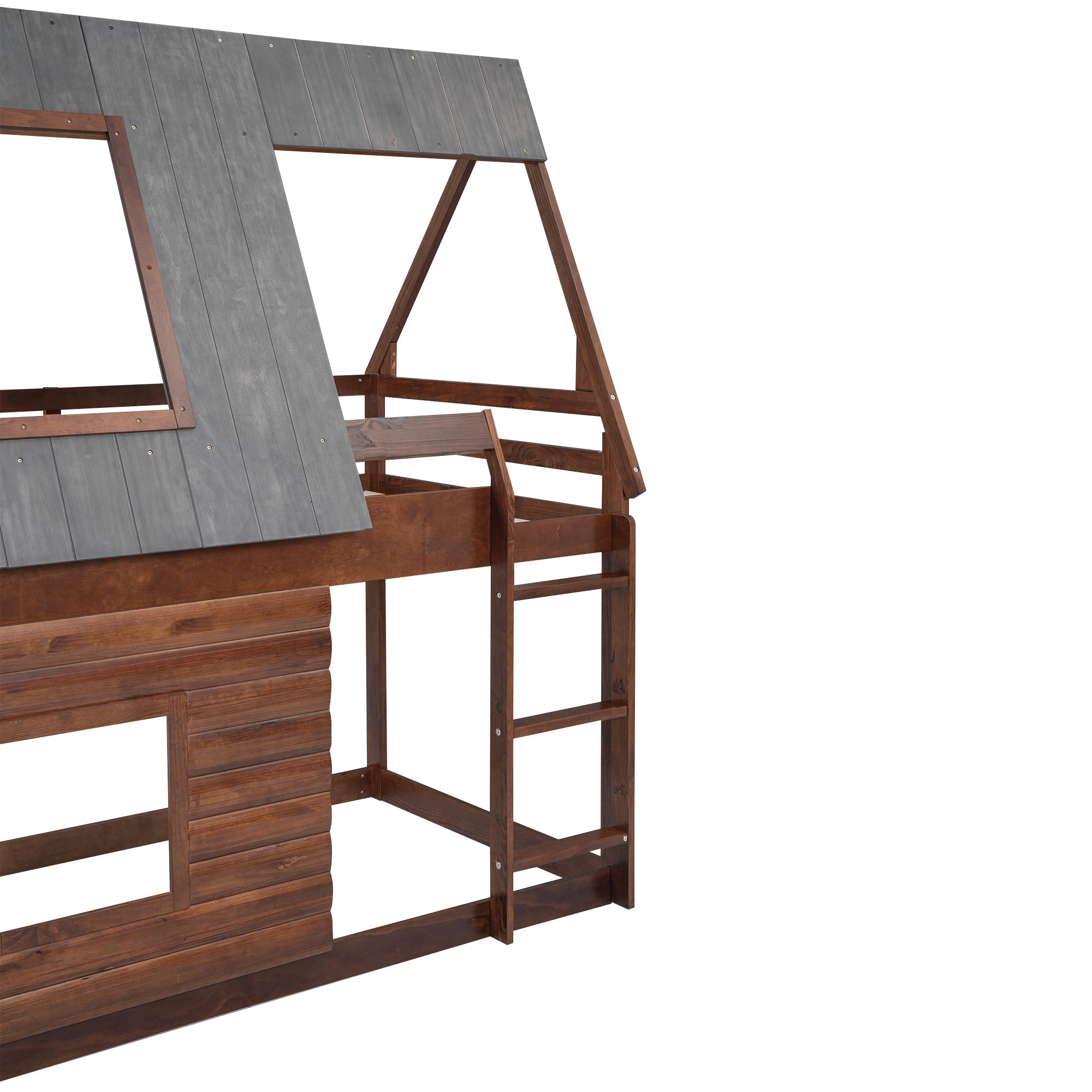 Wood Twin Size House Bunk Bed with Roof, Ladder and 2 Windows, Oak &amp; Smoky Grey