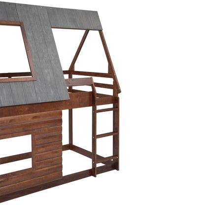 Wood Twin Size House Bunk Bed with Roof, Ladder and 2 Windows, Oak &amp; Smoky Grey