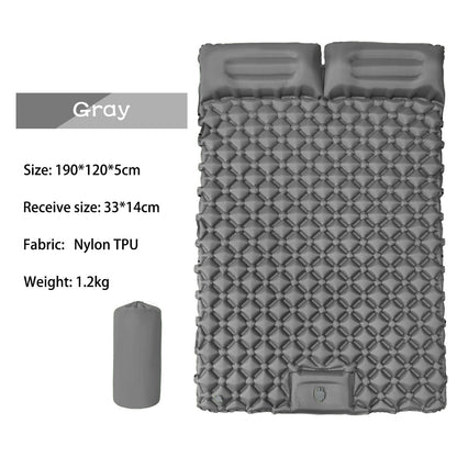 Outdoor double inflatable sleeping pad – with built-in pillow &amp; pump, for camping, backpacking, hiking.