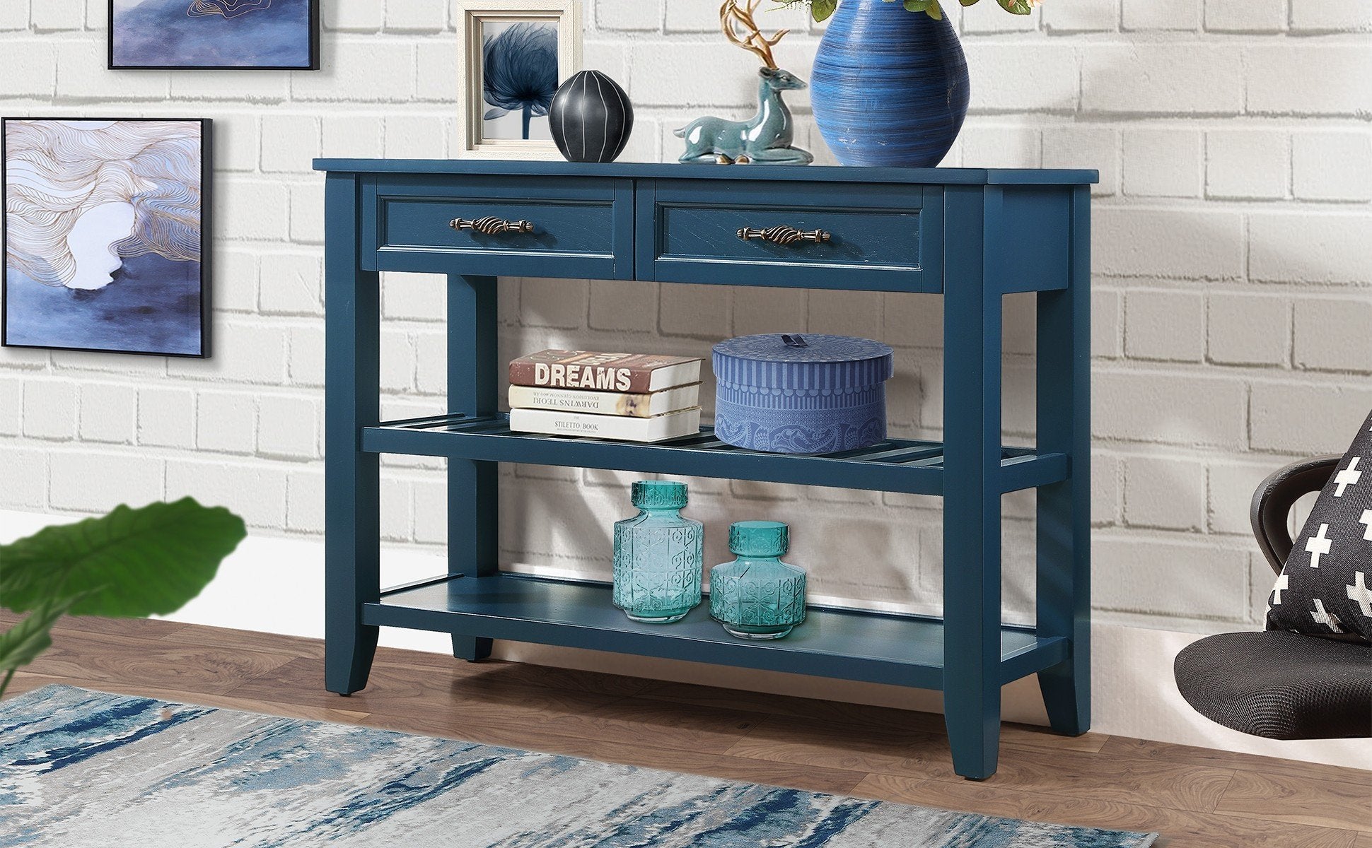 Console Sofa Table with 2 Storage Drawers and 2 Tiers Shelves Mid-Century Style 42&