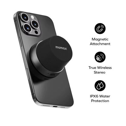 MOMAX 1-Vibe Go: Magnetic Wireless Speaker &amp; Phone Stand with IPX6 Waterproof Protection