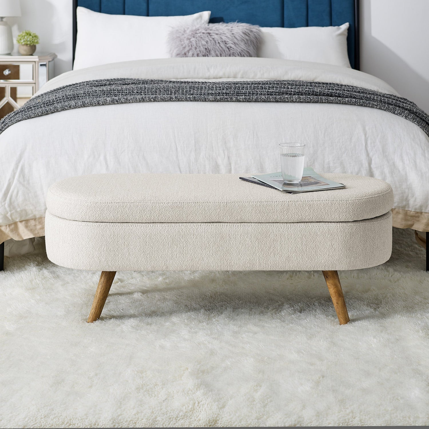 Ottoman Oval Storage Bench Rubber Wood Legs Beige(43.5"x16"x16")