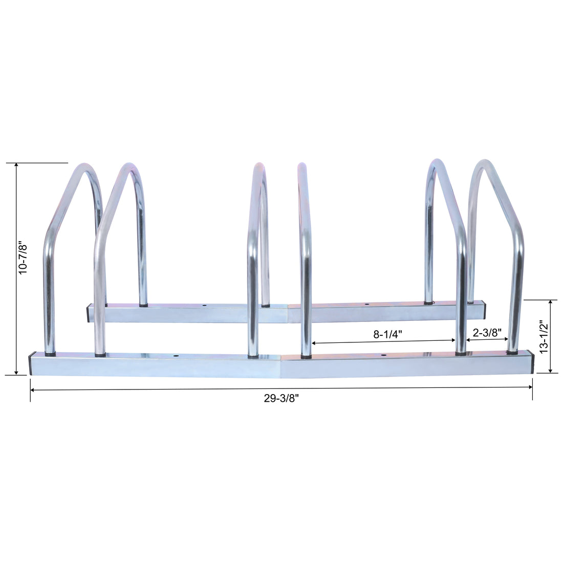 3 bicycle parking racks, 22-28 inch wheel supports, maximum tire width 2.15 inches, galvanized