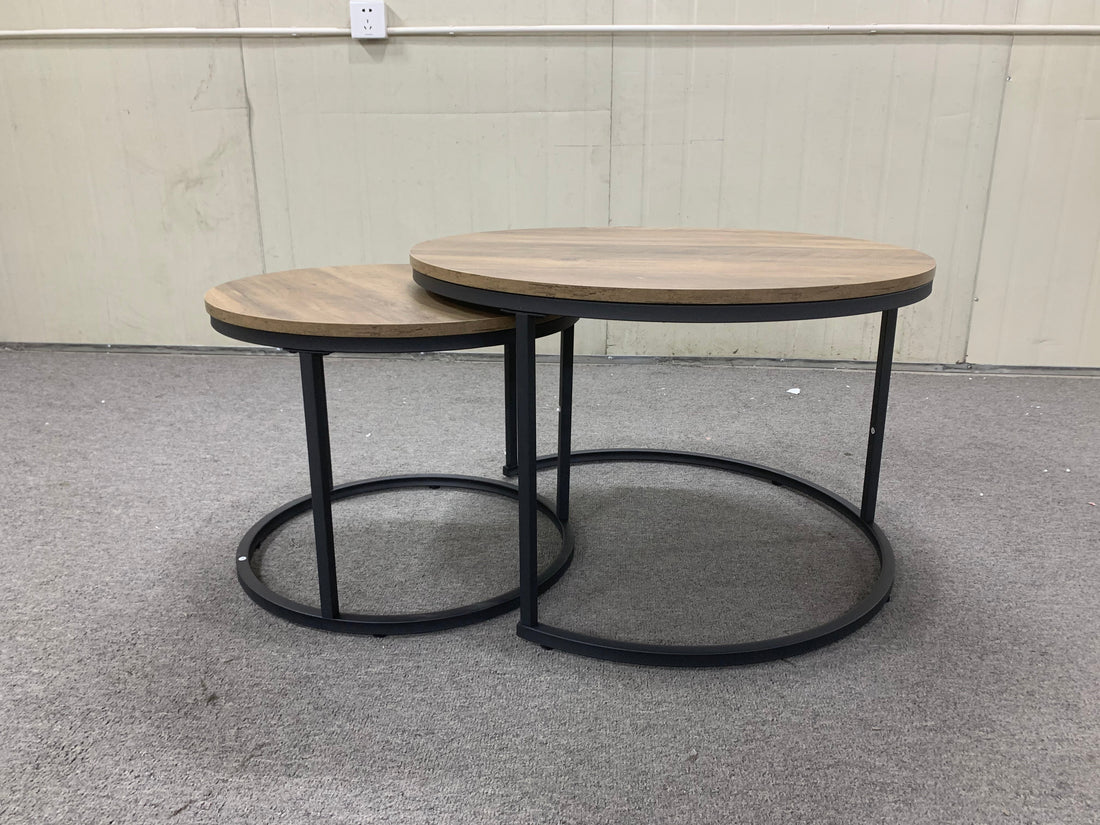 A set of nested coffee tables, 27.6-inch round coffee table, industrial wood veneer, with sturdy metal frame (brown)