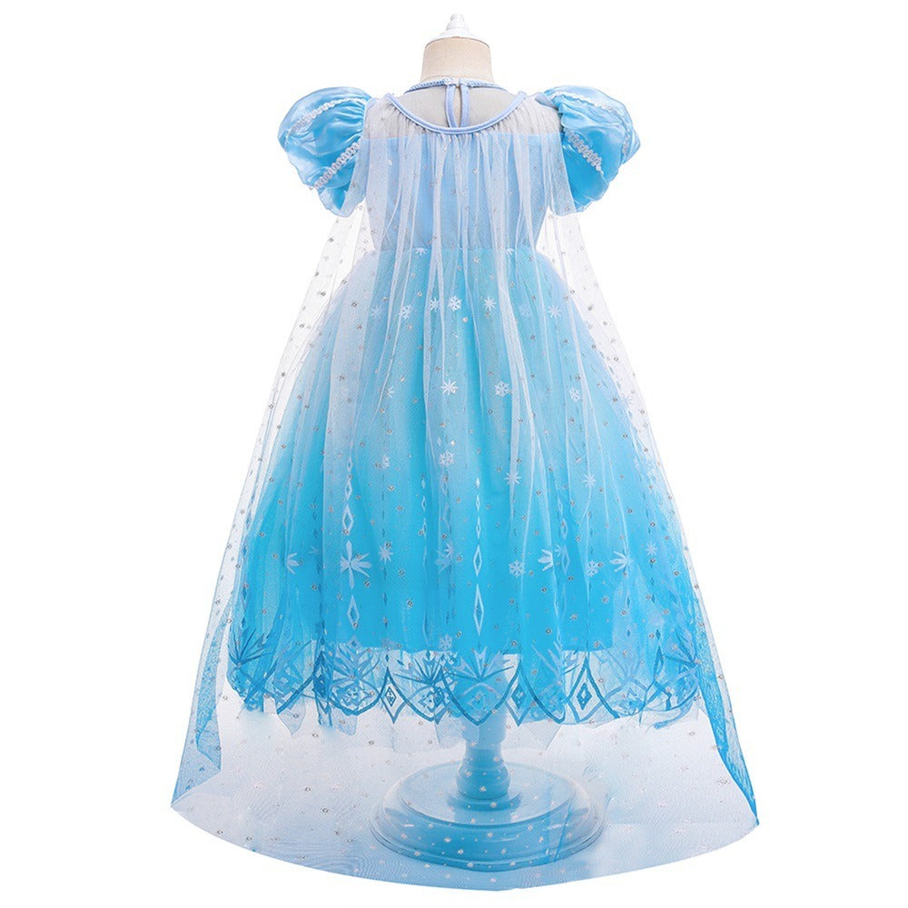 Frozen 2 Elsa Princess Dress Purple Bubble Sleeves Pearl Mesh Girls&