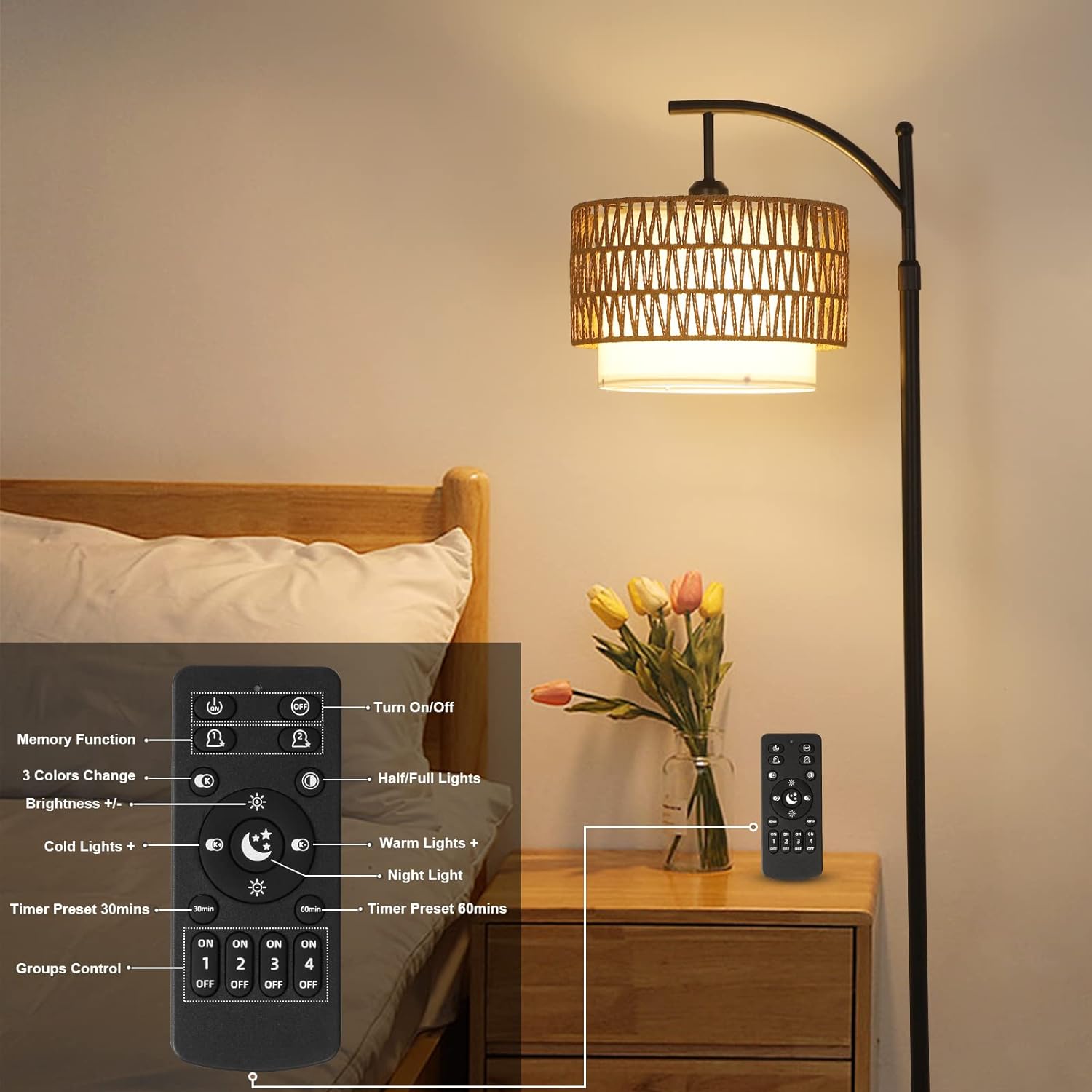 Arc Floor Lamp for Living Room with 3 Color Temperatures, Farmhouse Floor Lamps with Remote &amp; Dimmable Bulb Office