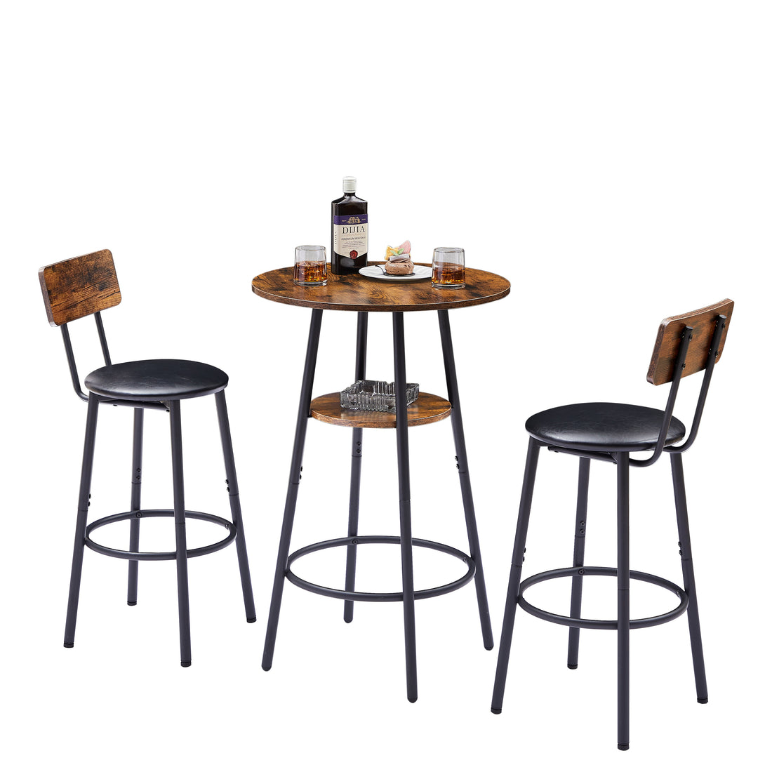 Round bar stool set with shelf upholstered stool with backrest Rustic Brown 23.62&