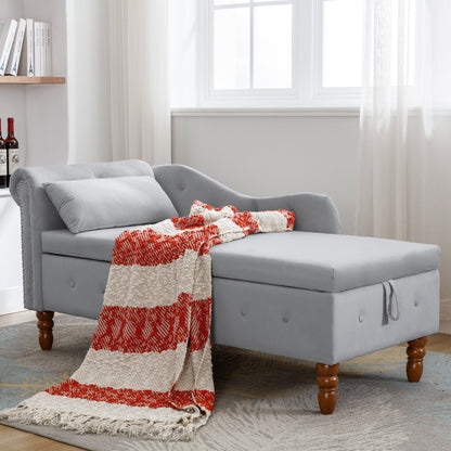 Grey Chaise Lounge Indoor Velvet Lounge Chair for Bedroom with Storage &amp; Pillow Modern Upholstered Rolled Arm Chase Lounge