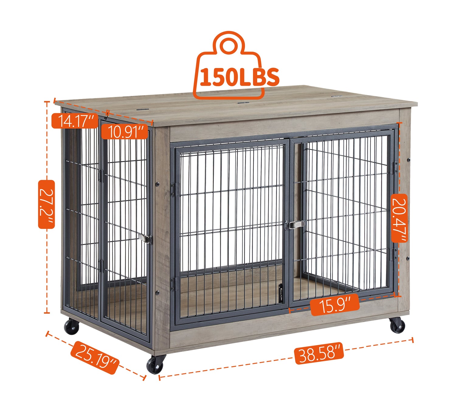 Furniture Style Dog Crate Side Table on Wheels with Double Doors and Lift Top.Grey,38.58&