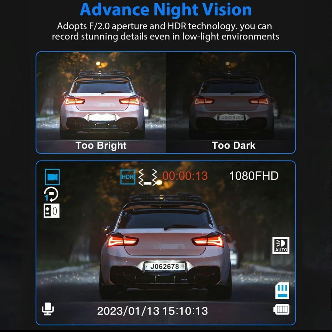 3-Camera Dash Cam – Front, Rear &amp; Inside Car Recorder with WiFi &amp; Night Vision