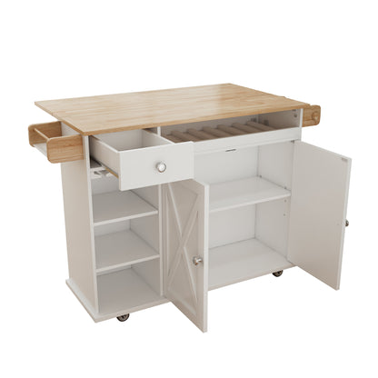 44 Inch Kitchen Island Cart with Solid Wood Top, Wine Storage, Spice Rack, Towel Rack, Wine Glass Holder White &amp; Oak