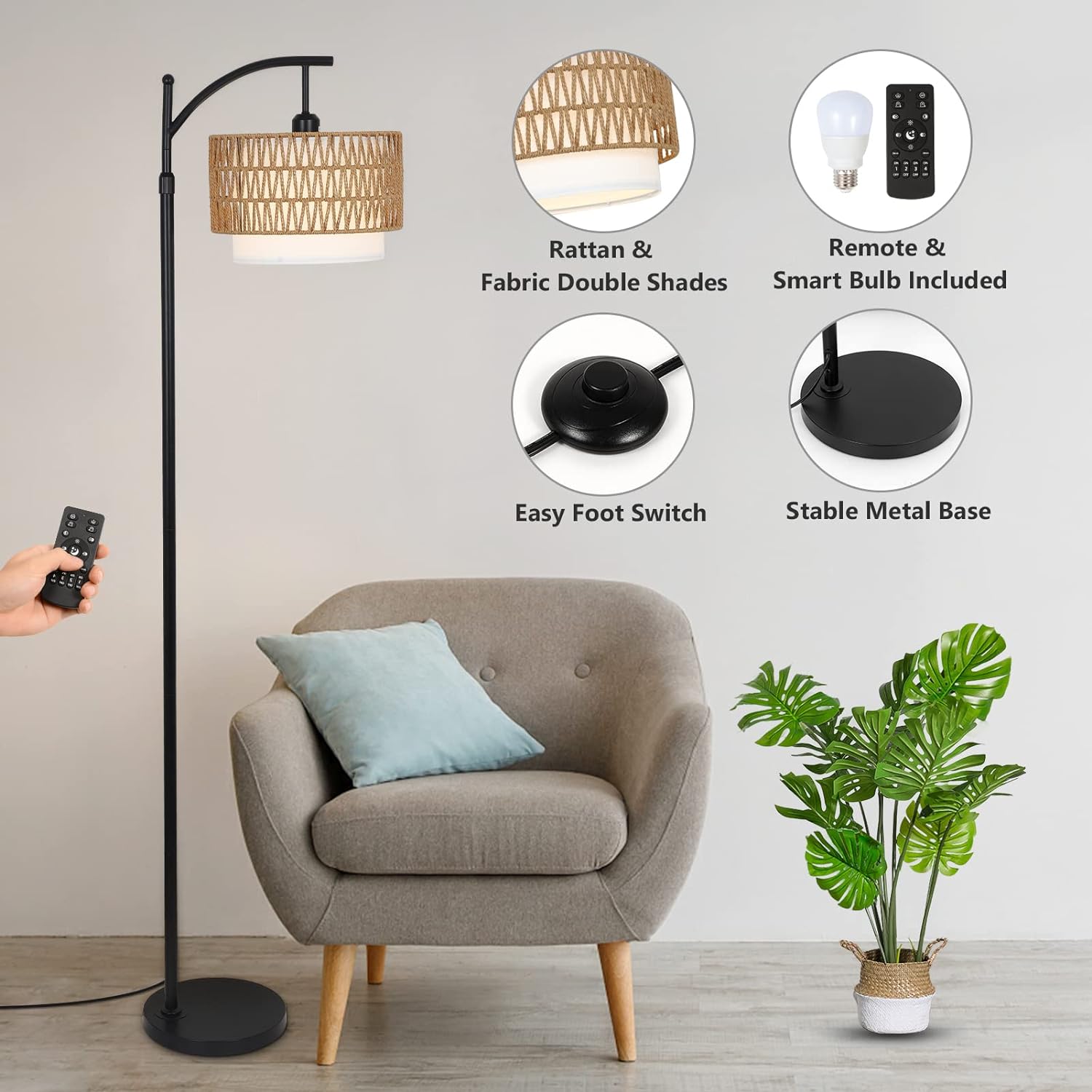 Arc Floor Lamp for Living Room with 3 Color Temperatures, Farmhouse Floor Lamps with Remote &amp; Dimmable Bulb Office