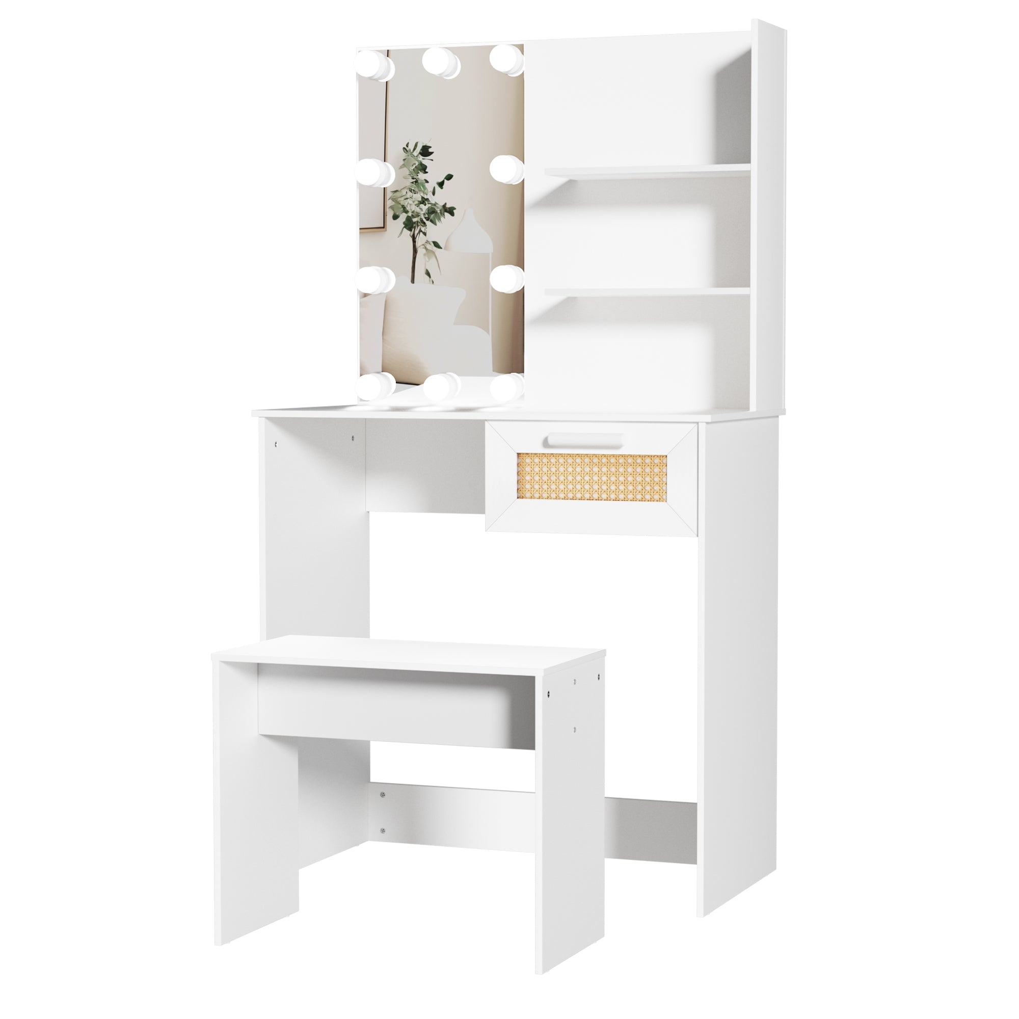 Vanity Desk Set Stool &amp; Dressing Table with LED Lighting Mirror Drawer and Wood Cosmetic Table Chest of Drawers White Color