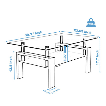 Rectangle Black Glass Coffee Table  Clear Coffee Table Modern Side Center Tables for Living Room Living Room Furniture