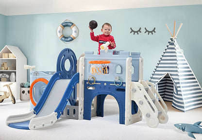 10-1 Toddler Slide Set,Kids Slide for Toddlers Ages 1+, Basketball Hoop Pirate Ship Themed Slide with Ship Head Indoor&amp; Outdoor