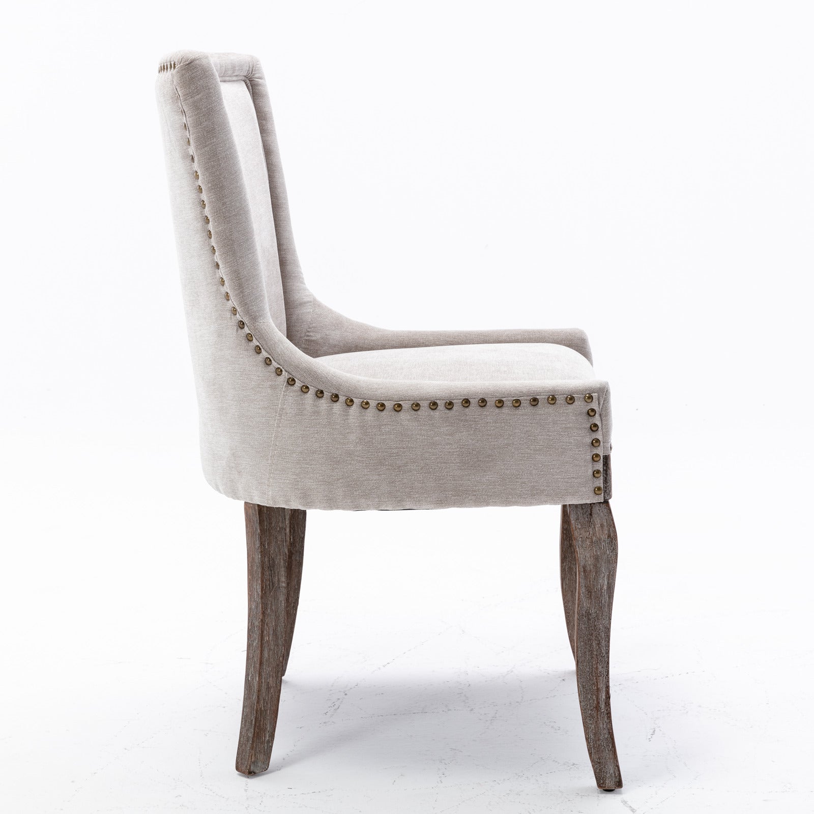 Ultra Side Dining Chair Thickened fabric chairs with neutrally toned solid wood legs  Bronze nail head Set of 2 Beige