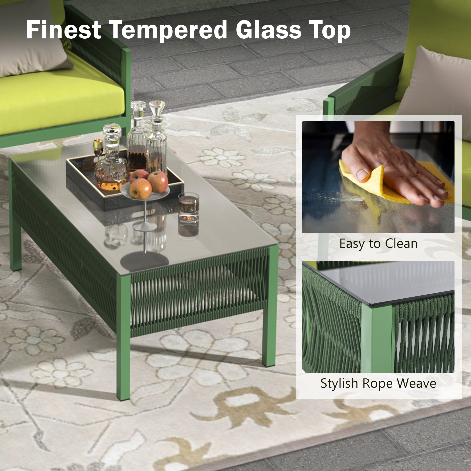 Outdoor Furniture with Tempered Glass Table,  Set Deep Seating with Thick Cushion  (Fluorescent Yellow &amp; Green)